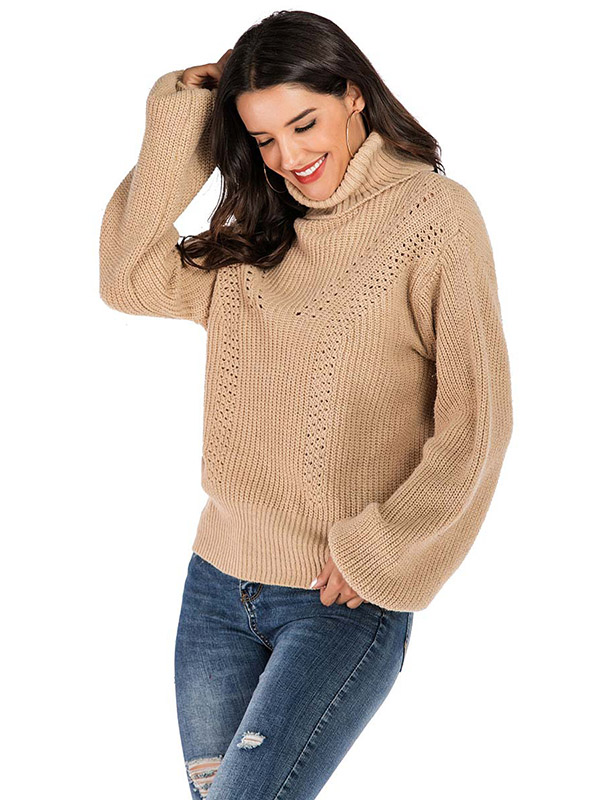 Khaki Loose Casual High Neck Jacquard Sweater