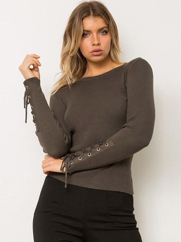 Deep Khaki Crew Neck Fashion Sleeve Side Band Sweater