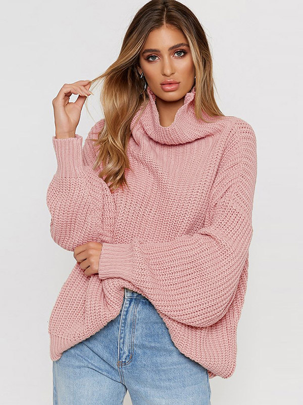 Pink High Collar Long Sleeve Fashionable Knitted Sweater