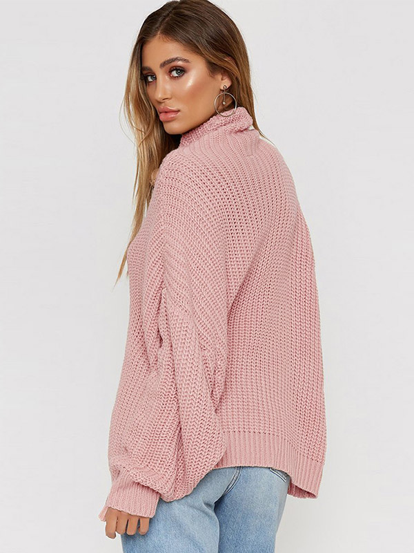 Pink High Collar Long Sleeve Fashionable Knitted Sweater