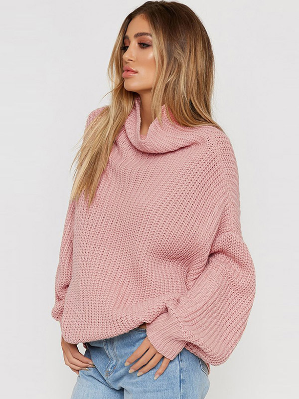 Pink High Collar Long Sleeve Fashionable Knitted Sweater