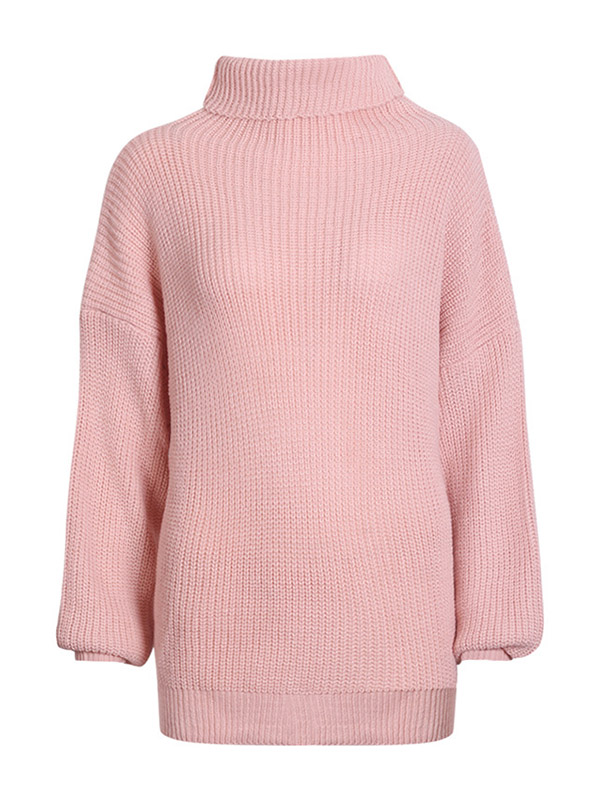 Pink High Collar Long Sleeve Fashionable Knitted Sweater