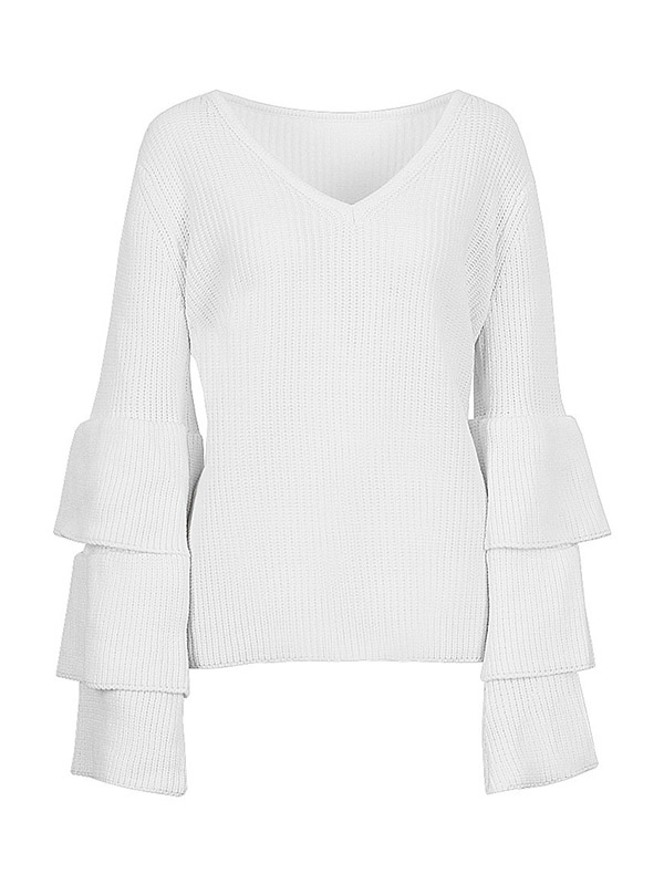 White Loose Ruffle Sleeve V-Neck Sweater