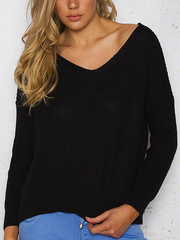 Black V-neck Loose Back Air Eye Bandage Knitted Sweater