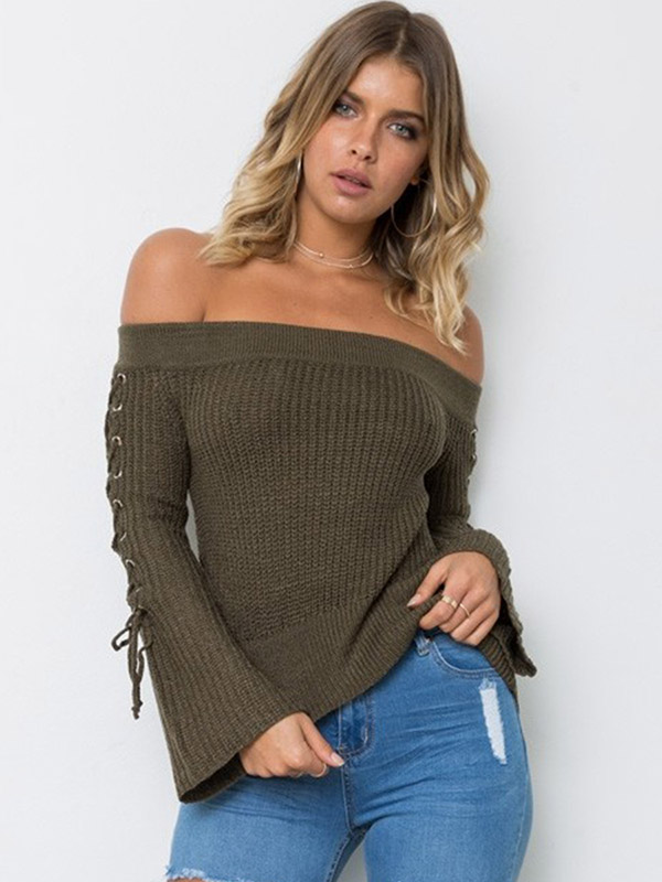 Green Long Sleeve Off The Shoulder Bandage Knitted Sweater