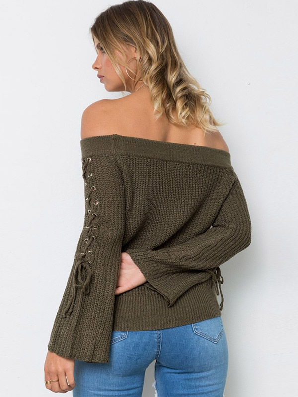 Green Long Sleeve Off The Shoulder Bandage Knitted Sweater