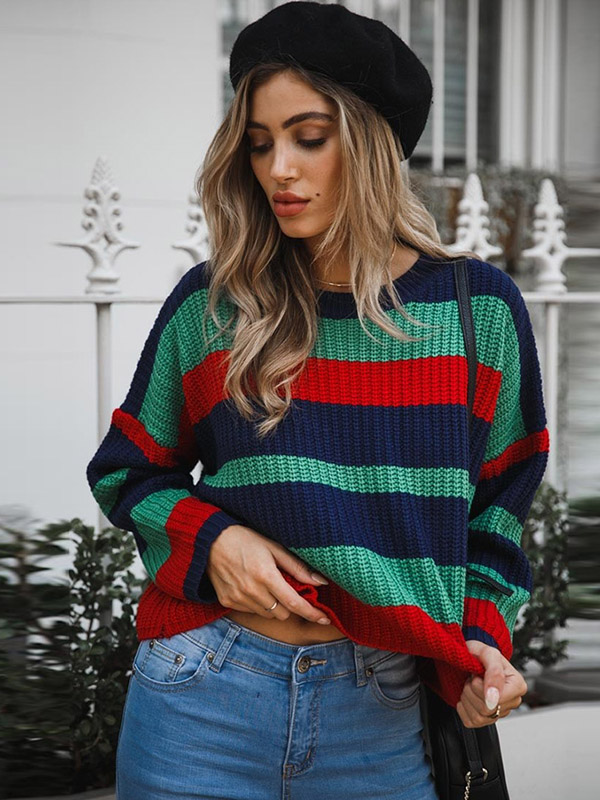 Green Round Neck Fashionable Colorful Stripe Knitted Sweater