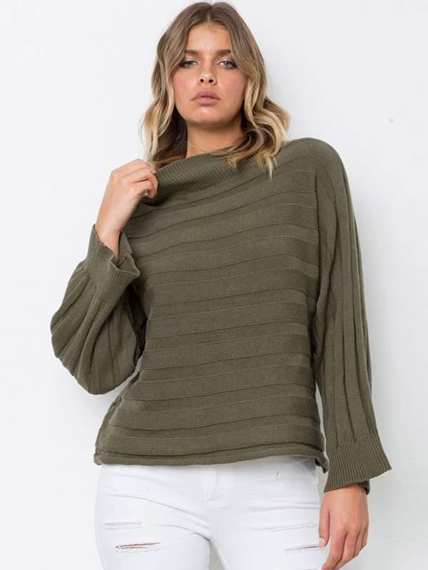 Green Half High Collar Bat Sleeve Knitted Sweater