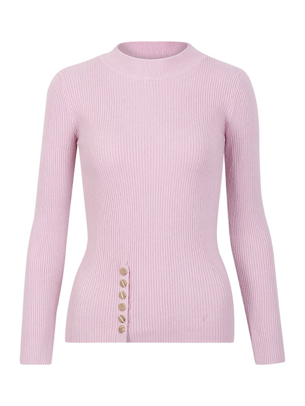 Pink Stretch Long Sleeve Half High Neck Sweater