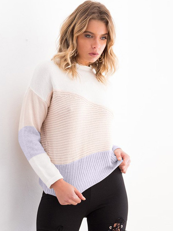 White Crew Neck Fashion Color Block Design Knitted Sweater