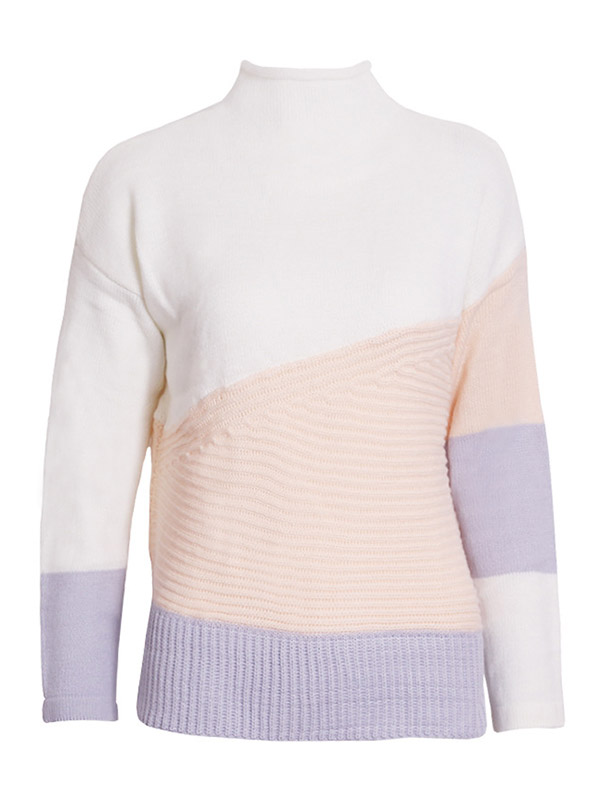 White Crew Neck Fashion Color Block Design Knitted Sweater