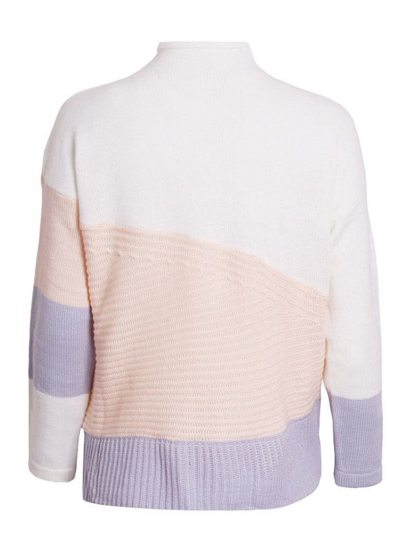 White Crew Neck Fashion Color Block Design Knitted Sweater