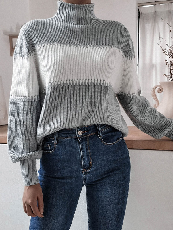 Grey Casual Lantern Sleeve High Neck Knitted Sweater