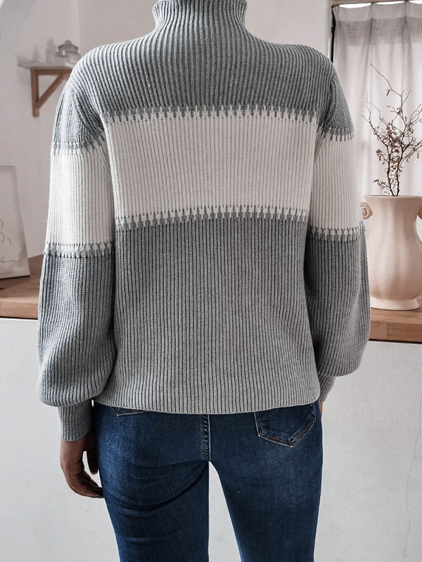 Grey Casual Lantern Sleeve High Neck Knitted Sweater