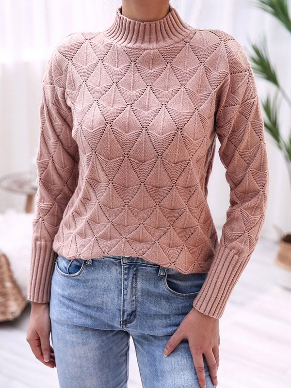 Pink Half High Neck Diamond Knitted Sweater