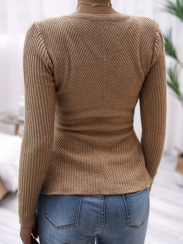 Khaki Crew Neck Long Sleeve Lotus Leaf Hem Sweater