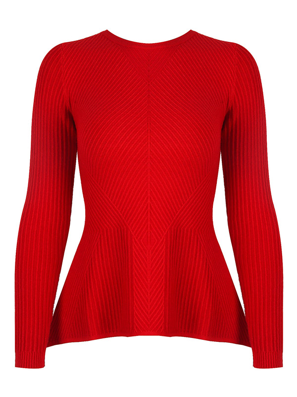 Red Crew Neck Long Sleeve Lotus Leaf Hem Sweater