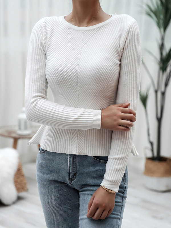 White Crew Neck Long Sleeve Lotus Leaf Hem Sweater