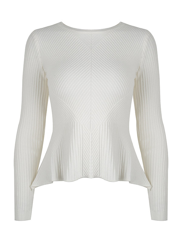 White Crew Neck Long Sleeve Lotus Leaf Hem Sweater