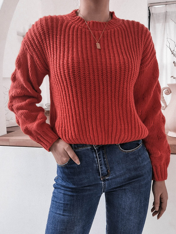 Red Casual Twist Long Sleeve Knitted Sweater