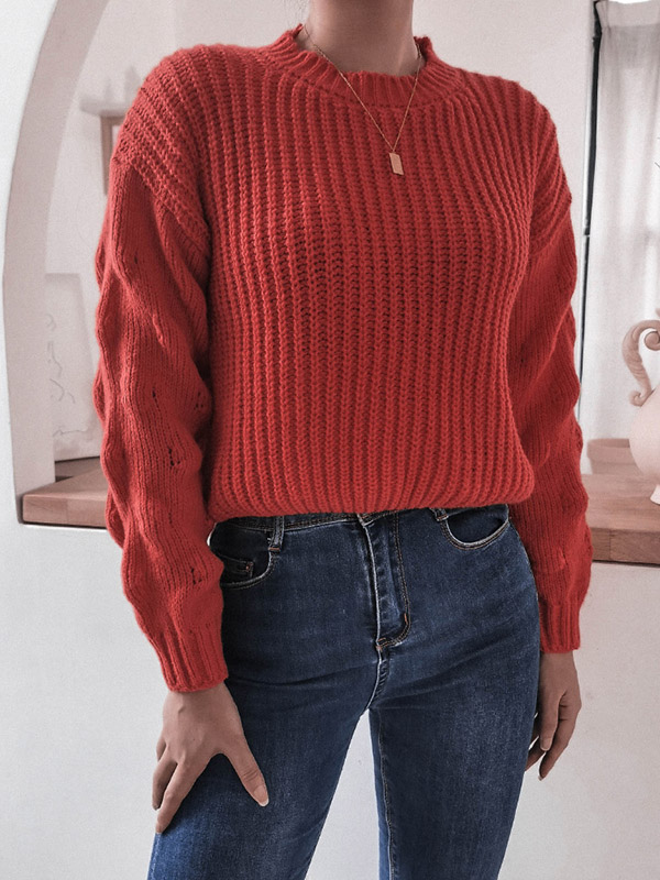 Red Casual Twist Long Sleeve Knitted Sweater