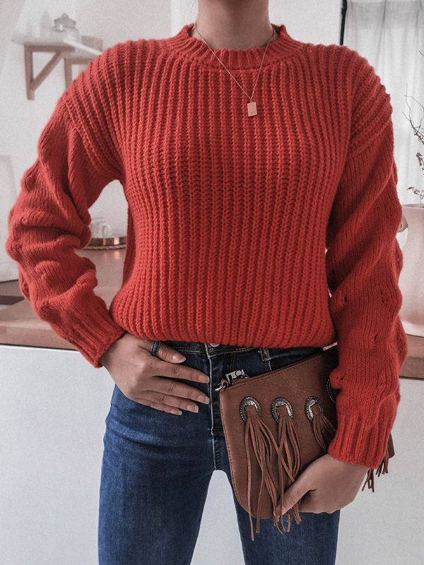 Red Casual Twist Long Sleeve Knitted Sweater