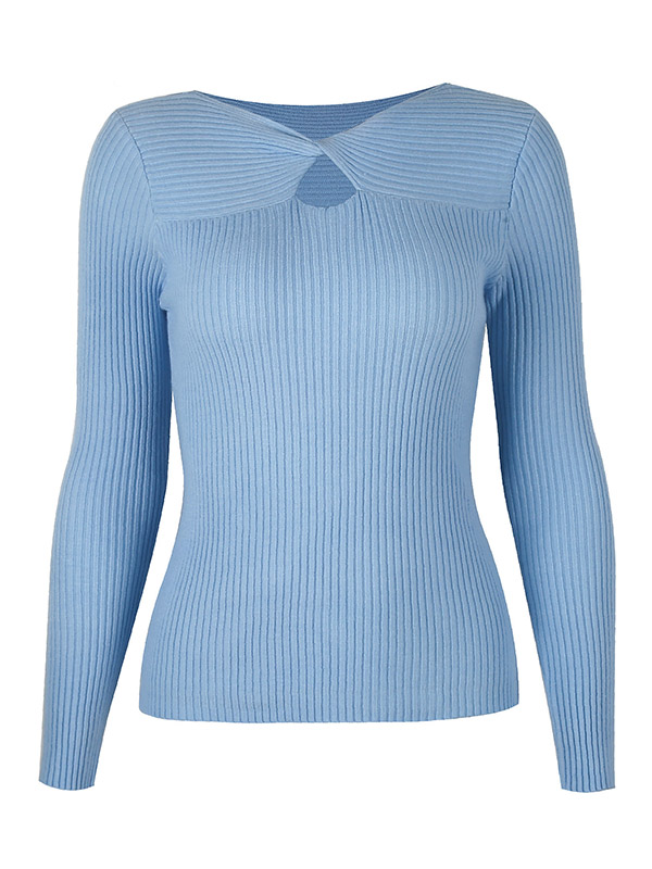 Blue V-Neck Long Sleeve Hollow Knitted Sweater