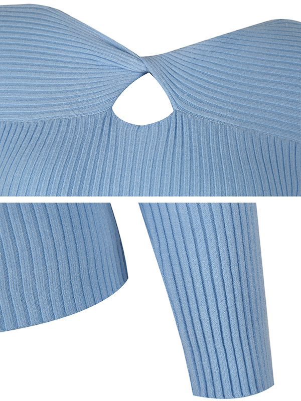 Blue V-Neck Long Sleeve Hollow Knitted Sweater