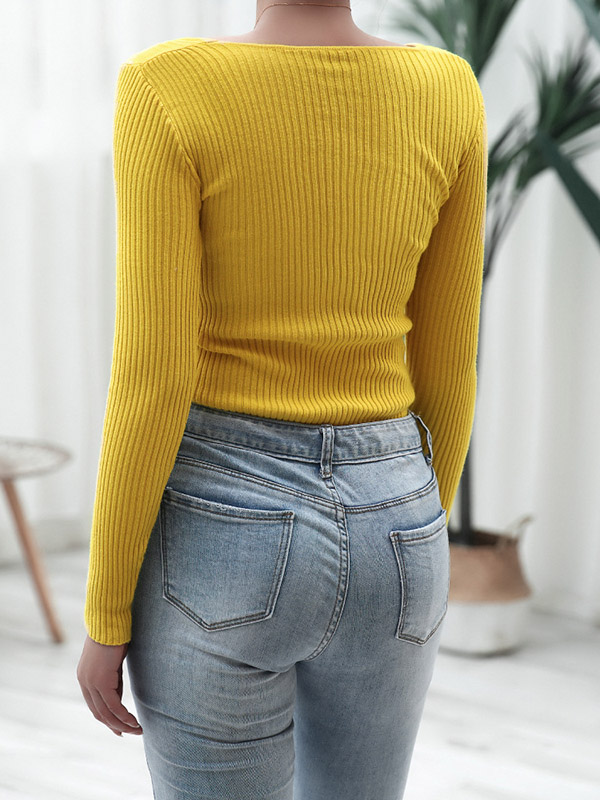 Yellow Long Sleeve Boat Neck Knitted Sweater