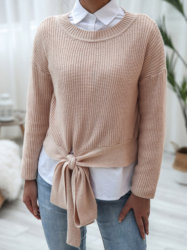 Khaki Oversize Long Sleeve Knotting Casual Loose Knitted Sweater