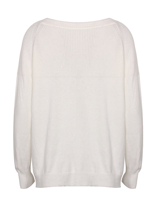 White Long Sleeve Stitching Casual Loose Knitted Sweater