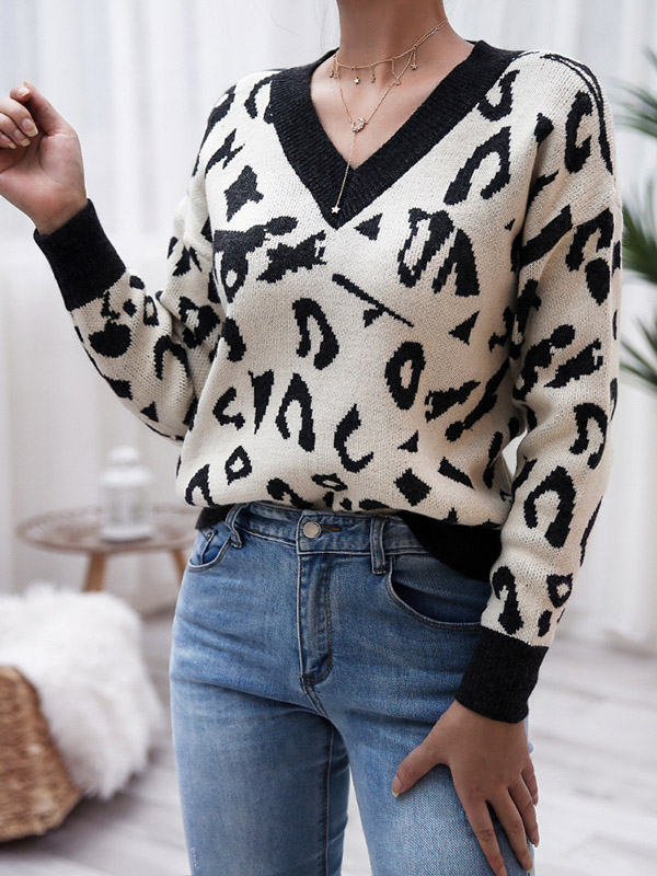 White Casual V-Neck Long Sleeve Leopard Knitted Sweater