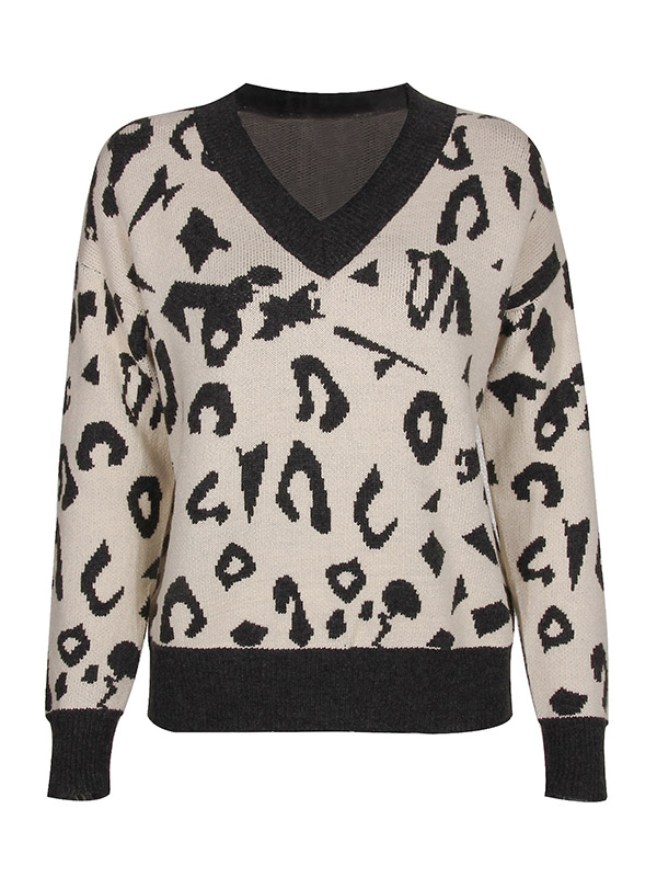 White Casual V-Neck Long Sleeve Leopard Knitted Sweater