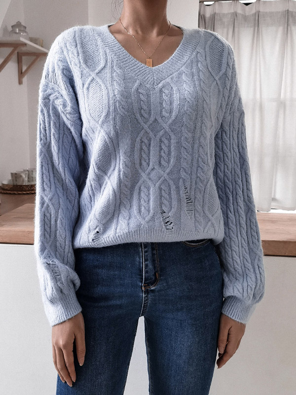 Blue Casual V-neck Jacquard Hollow Out Long Sleeve Sweater