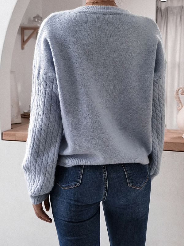 Blue Casual V-neck Jacquard Hollow Out Long Sleeve Sweater