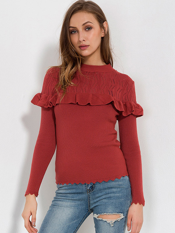 Red Ruffle Trims Splicing Knit Top