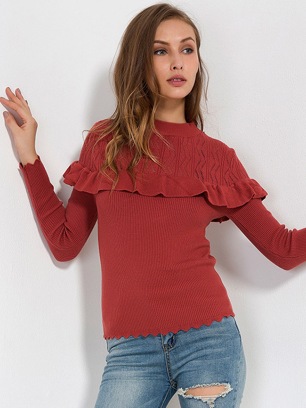 Red Ruffle Trims Splicing Knit Top