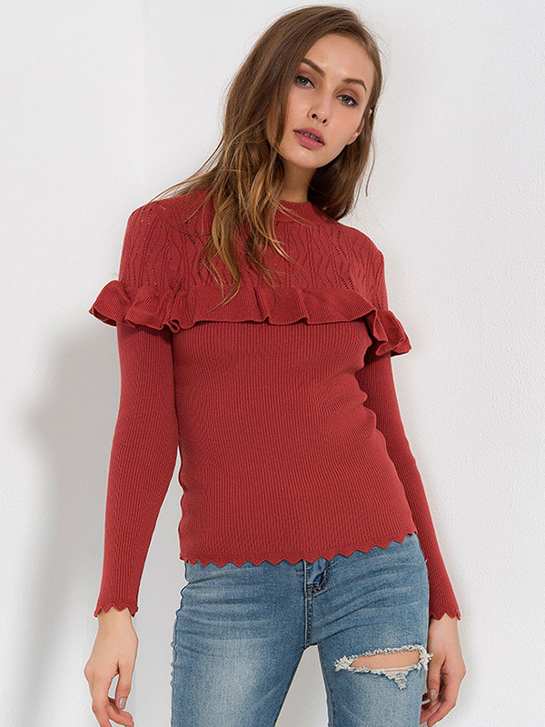 Red Ruffle Trims Splicing Knit Top