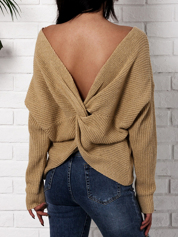 Brown V-neck Open Back Oversize Top