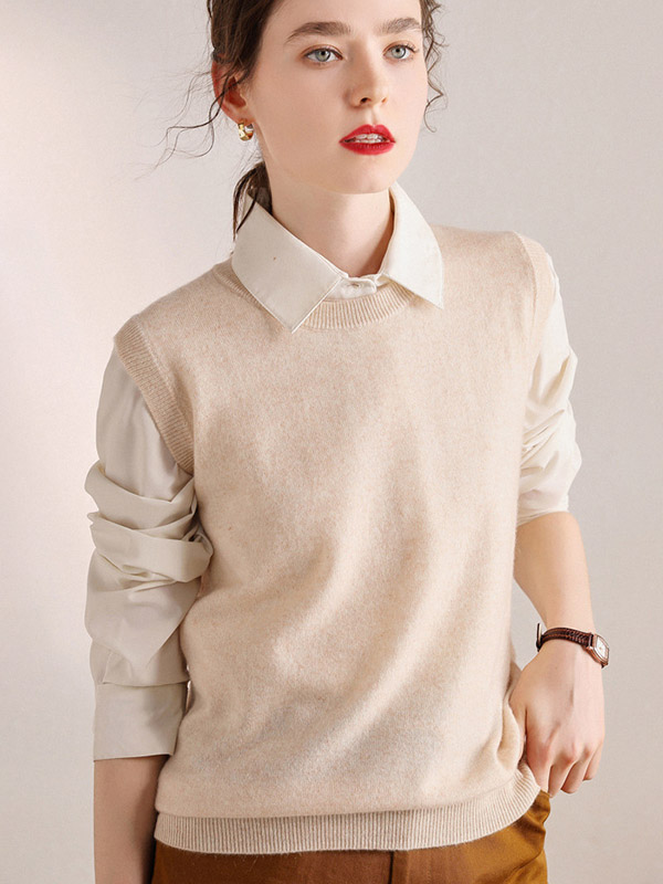 Beige Round Neck Cap Sleeves Knit Vest