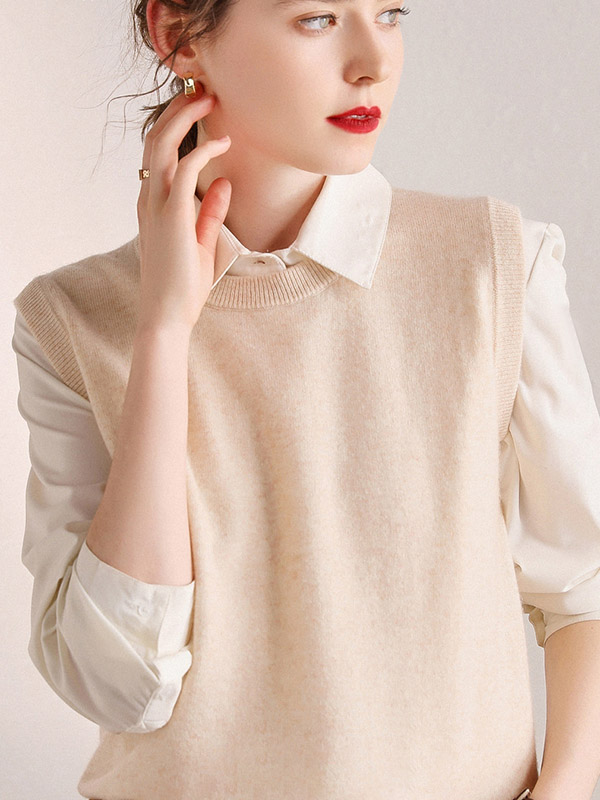 Beige Round Neck Cap Sleeves Knit Vest