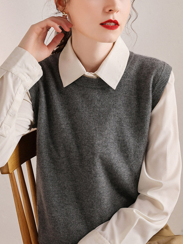 Grey Round Neck Cap Sleeves Knit Vest