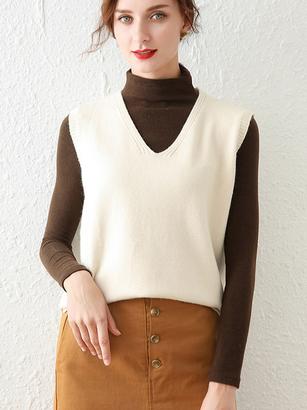 Beige V-neck Side Split Knit Vest