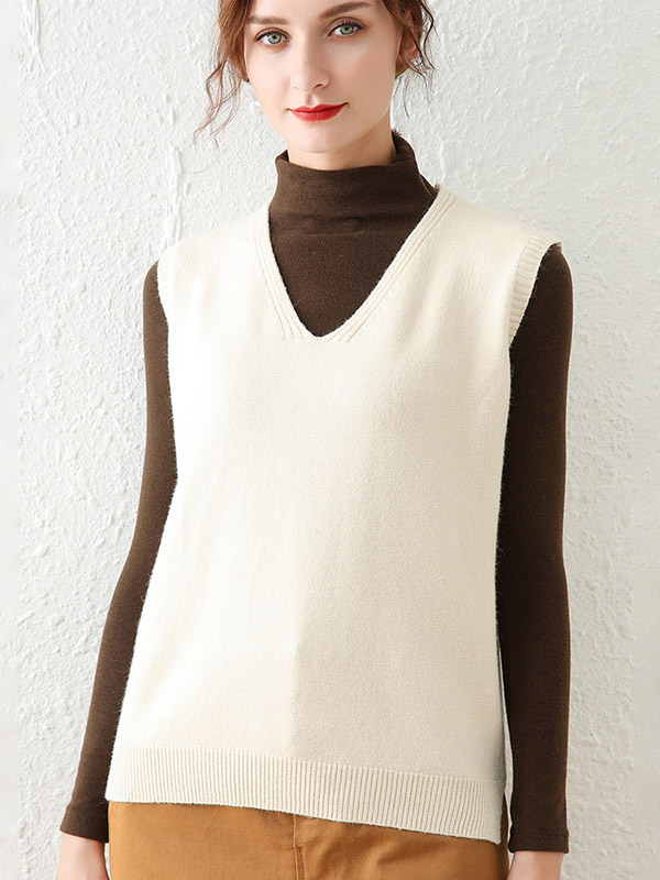 Beige V-neck Side Split Knit Vest