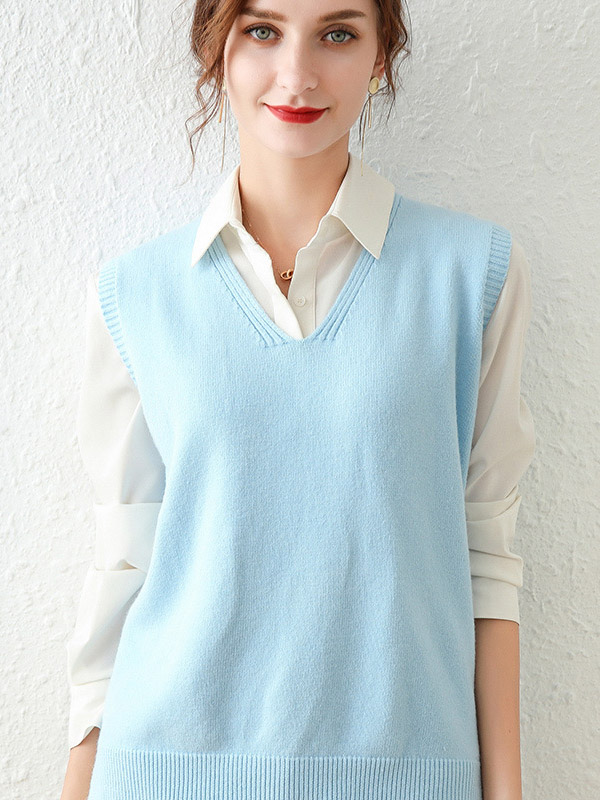 Sky Blue V-neck Side Split Knit Vest