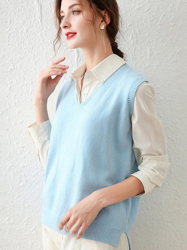 Sky Blue V-neck Side Split Knit Vest