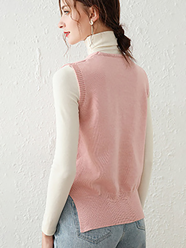 Pink V-neck Side Split Knit Vest