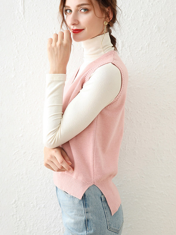 Pink V-neck Side Split Knit Vest