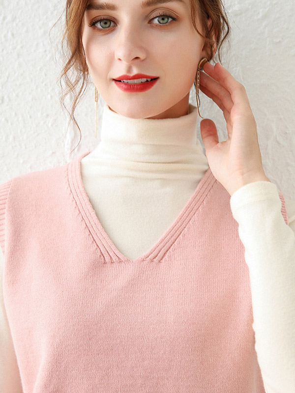 Pink V-neck Side Split Knit Vest