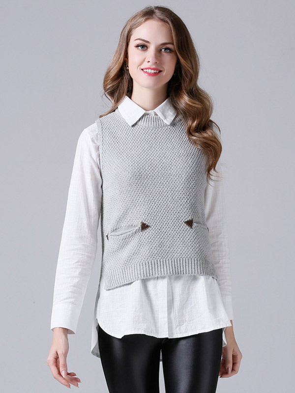 Grey Side Split Knit Vest with Pockets